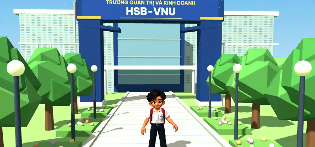 Cậu học sinh trong game đứng trước cổng Trường Quản trị và Kinh doanh HSB-VNU